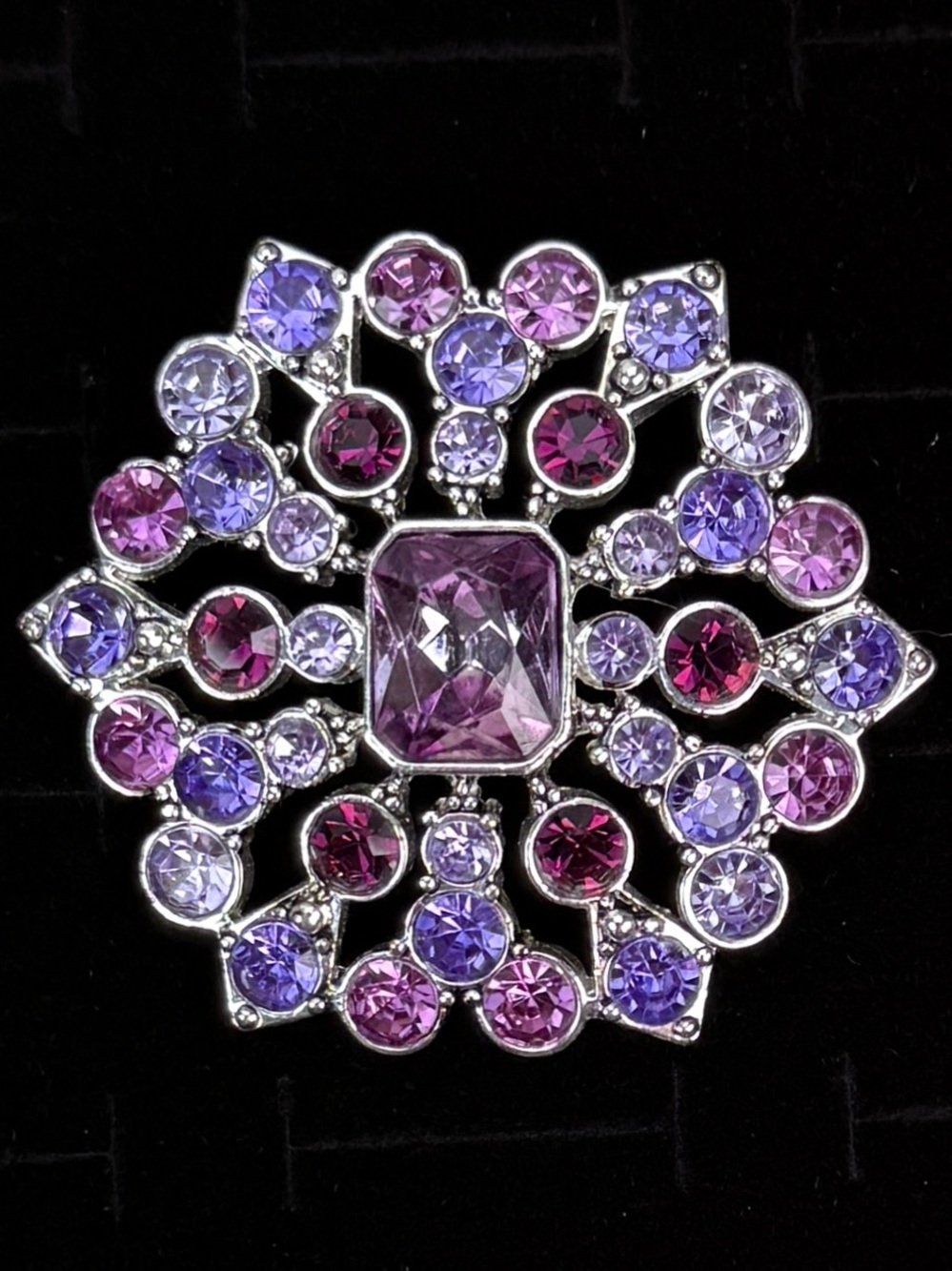 Purple Multi-Tone Crystal Silvertone Floral Brooch